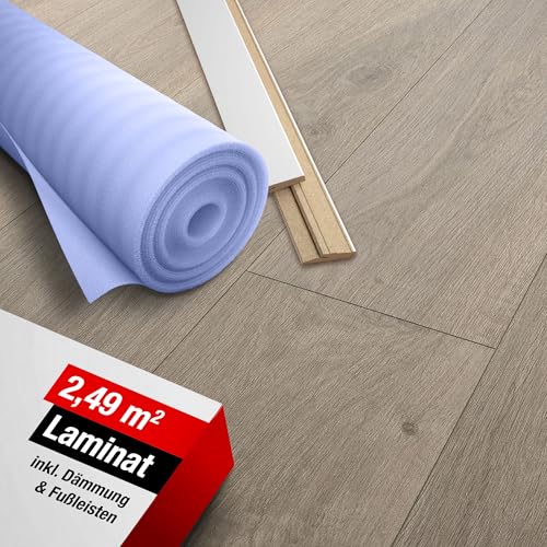 LaminatDEPOT Klick Laminatboden Eiche [2 49 m] inkl. Trittschalldämmung & Sockelleiste Premium Laminat mit einfachem Klicksystem umlaufender Fuge im Dielen-Format echter Holzoptik - Tajo Grau