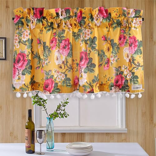 Image of Ravaiyaa - Attitude is everything Hand Printed Half Window Kitchen Curtain 100% Cotton Short Drapery Valance Curtain 40 inch X 18 inch Inch (Yellow Floral)