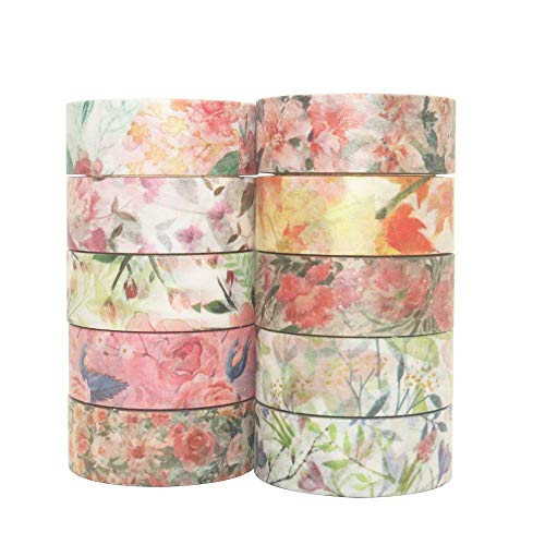 Image of HASTHIP 10 Roll Washi Tapes Set Spring Flower Colour Tapes Decorative Tape Craft Supplies for DIY Craft, Journal Supplies, Gift Wrapping, Scrapbooking