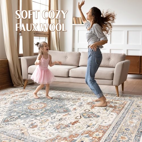 7x9 Area Rug Living Room: Washable Boho Large Neutral Vintage Soft Rug Stain Resistant Distressed Farmhouse Non-Slip Indoor Floor Carpet for Bedroom Nursery Kids Office Dining Room- Beige Blue