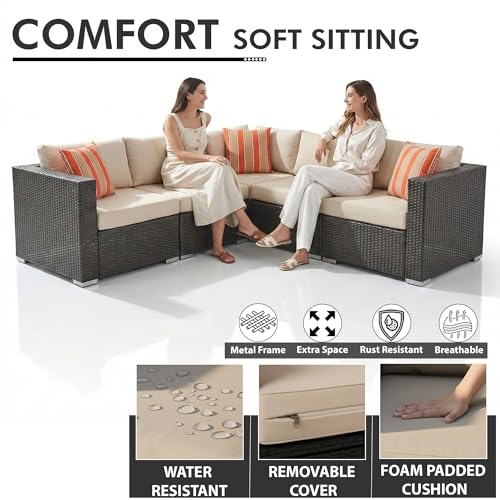 Image of Amazon Brand - Solimo Solara Outdoor 7 Seater Sofa Set | Balcony Sofa | Patio Furniture Sets | Conversation Sets | Wicker | Garden | Balcony | (Dark Brown & Cream)