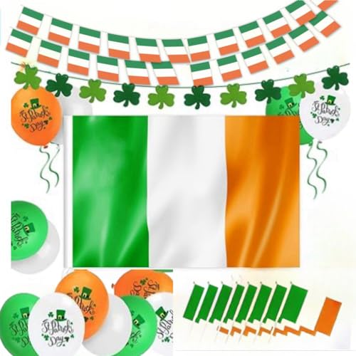 Decoración del día de San Patricio 10 m banderín irlandés 10 banderas de mano de 150 x 90 cm, 15 globos, 10 guirnaldas de trébol verde, blanco y naranja para accesorios de suministros de fiesta en el
