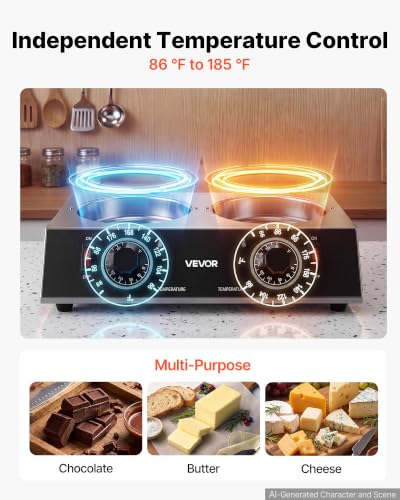 Image of VEVOR Chocolate Melting Pot - 2 x 1 QT Pots, 86℉ - 185℉ Choc Warm Machine | 80W Even Cheese Melter, 2 Knobs Temp Control, 2 Ceramic Coated Pots, Electric Warmer for Mulled Milk Candy, Commercial & Home