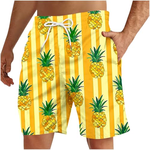 Hawaiian Tropical Shorts for Men Cute Lemon Print Surf Board Shorts Elastic Waist Beachwear Swim Trunks with Pockets