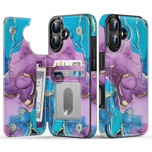 Goodon Étui portefeuille à rabat en cuir avec motif floral tendance, 3 emplacements pour cartes et fonction support, étui de protection élégant pour femmes et filles – Marbre violet sarcelle