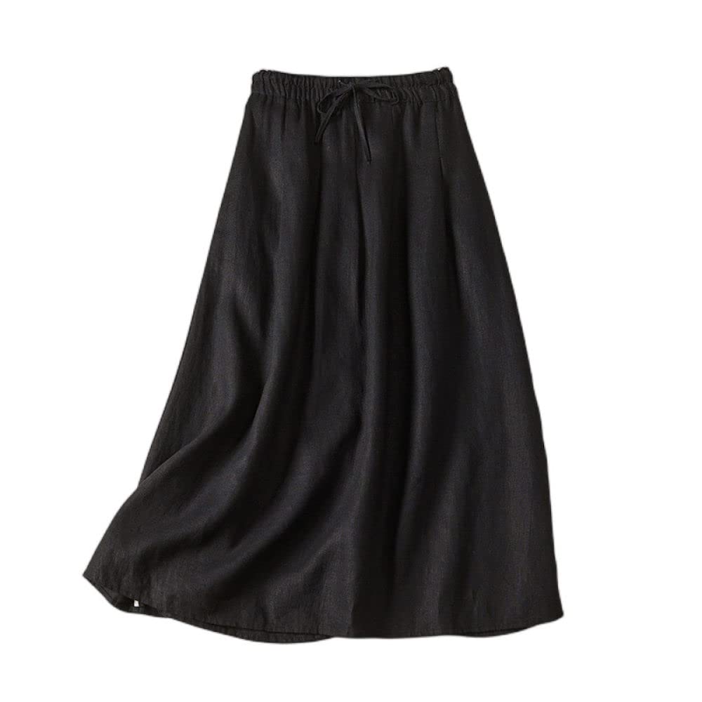 Gonne da Donna,Gonna Midi da Donna Nera Elastico Vita Alta Retro Cotone Lino Gonna A Pieghe con Lacci con Tasche A-Line al Ginocchio Increspato Gonna Lunga per Ragazze Signore,M