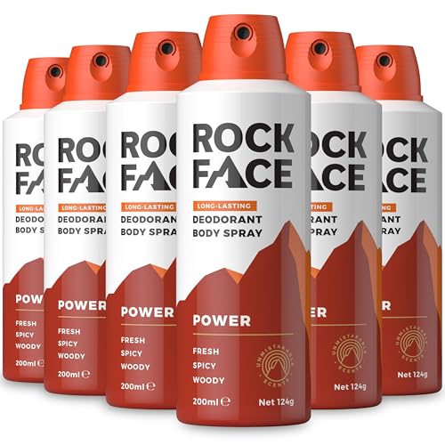 Rock Face Mens Body Spray - Power Fragrance Body Spray Deodorant for Men 200ml Spicy Oriental Scent Long Lasting Multipack of 6