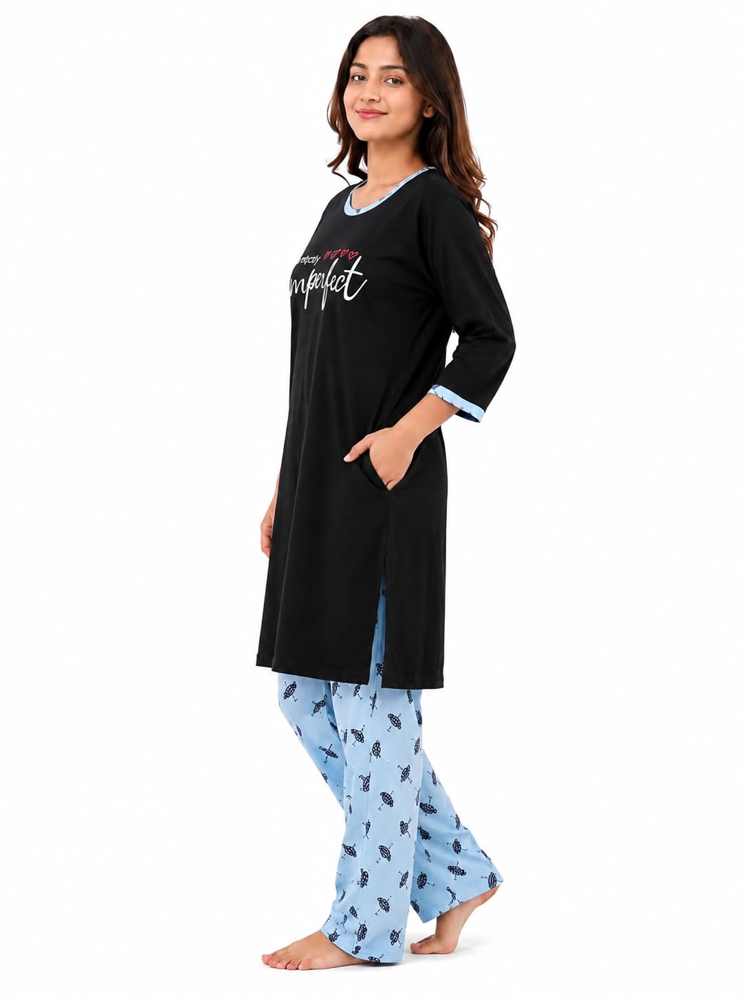 MALAQ Women's Night Suit – Casual Wear Round Neck Printed Long T-Shirt (Above Knee Length) & Kali Pyjama Set with Side Cut one Pocket | Stylish Lounge Wear | Nightwear | Black-picture-47