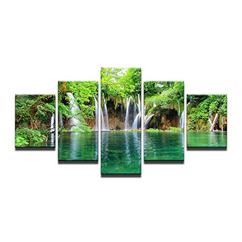 MoJoM Canvas Painting 5 Panels Mountain Waterfall Lake Modern Wall Home Decor Artwork