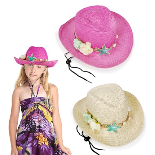 Toddler Girls Summer Beach Straw Hat Flower Starfish Shell Decorated Sun Protection Caps for Outdoor Play Photoshoots2