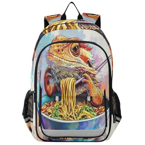 Bearded Dragon Ramen Noodles Backpack Girls Boys Elementary School Bags Bookbags Laptop Backpack Travel Daypack Safe Reflective Stripes