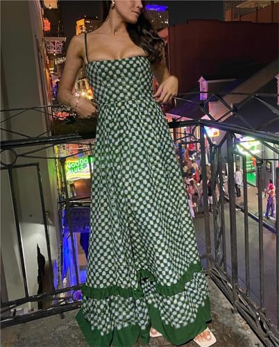 Image of Women Spaghetti Strap Flowy Long Dress Boho Floral Square Neck Maxi Dress Summer A-Line Dresses for Beach Vacation