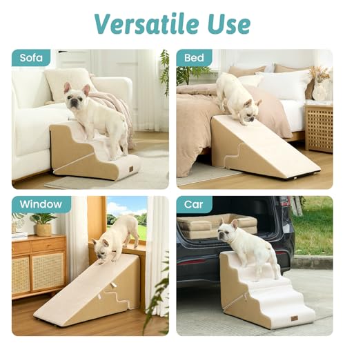 Image of COZY KISS Dog Stairs for Small Dogs, 3-Step 2-in-1 Dog Steps,15.7 inch H | 3-step dog stairs and ramps for Old Cats, Puppy, Small Dogs,Non-Slip Base,for Couch & Bed, Beige