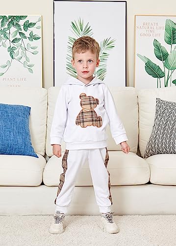 Toddler Baby Boy Clothes Outfits Plaid Bear Long Sleeve Hoodie Patchwork Pant Boy 2PC Outfit Set2