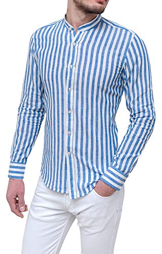 camicia uomo Evoga Camicia 100% Lino Uomo Casual Rigata Slim Fit Coreana (XL, Celeste)