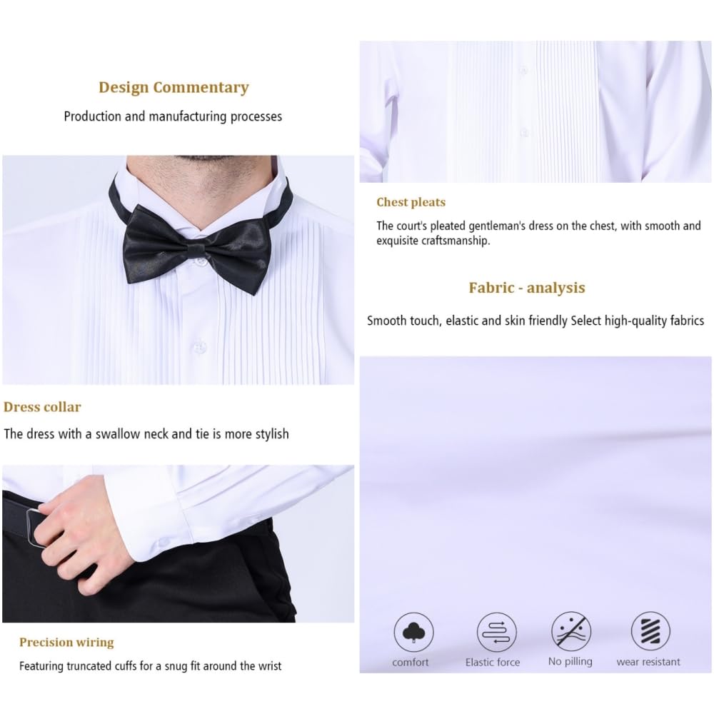 Camisa de esmoquin para hombre, camisa de vestir formal con puntadas plisadas en la parte delantera, camisas de doble puño con pajarita para fiesta de graduación, boda