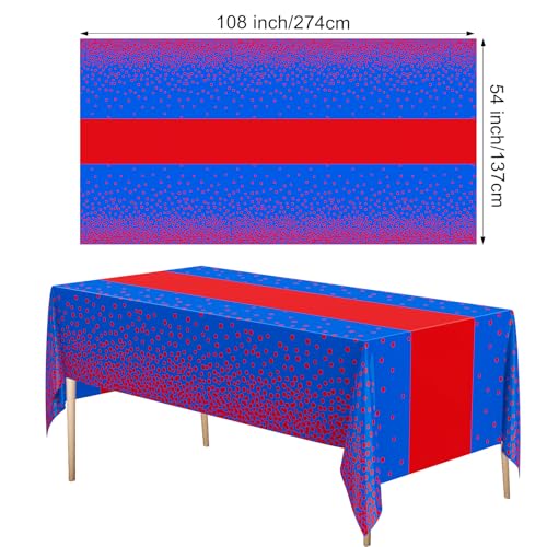 Image of Oudain 3 Pcs Blue and Red Tablecloth for Parties Plastic Dot Tablecloths Printed Table Runner Waterproof Disposable Rectangle Table Cover for Christmas Birthday Wedding Party, 54 inch x 108 inch