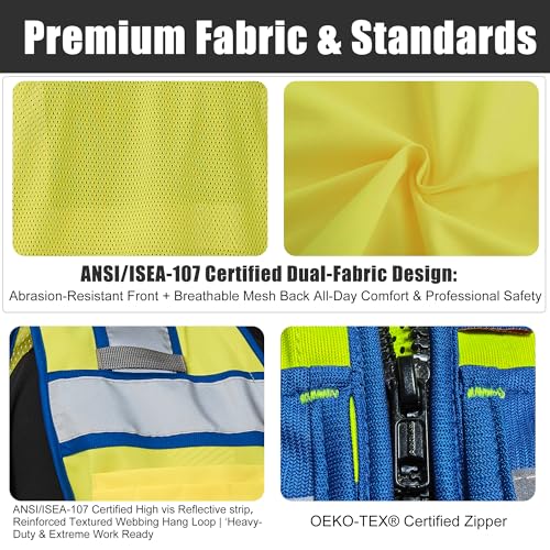 Image of A-SAFETY High Vis Reflective Safety Vest for Men Women Zipper Ipad Pockets Mesh Construction Apparel Neon Vest for Work