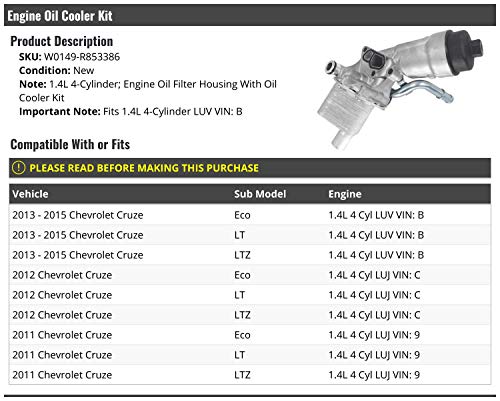 Marketplace Auto Parts, Engine Oil Filter Housing With Oil Cooler Kit - Compatible with 2011-2015 Chevy Cruze 1.4L 4-Cylinder