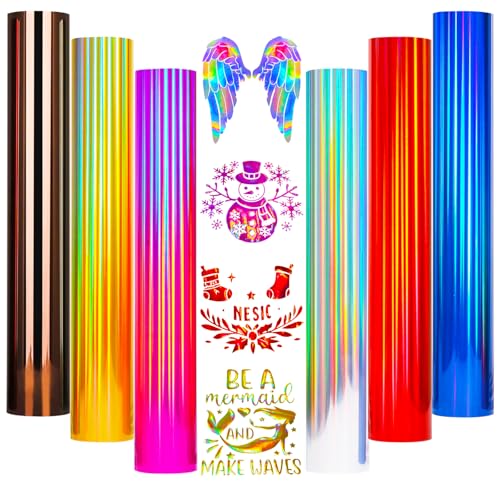Image of Holographic HTV Reflective Heat Transfer Vinyl Gold Iron Htv Matellic Rainbow Holographic Vinyl 6 Sheets 30.5x25cm Iron on Vinyl for Cricut, T-Shirts DIY Design, Silhouette Cameo Heat Press Machine