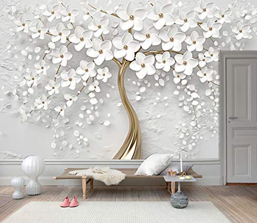Muravie 3D Gold Tree Floral, White 3D Floral Wall Mural, Wall Art Floral Mural, Living Room Bedroom Design, Peel And Stick Bedroom Wallpaper Custom Size (3D Gold & White Tree Floral) #TOP2