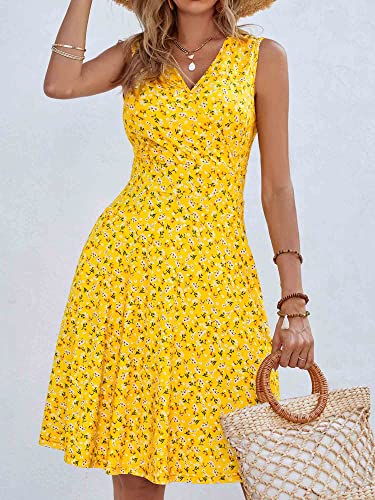 Dirass Beach Dresses For Women Summer Wedding Guest Dress With Pockets Casual V Neck Yellow Sundress (Yellow Floral,L) #TOP5