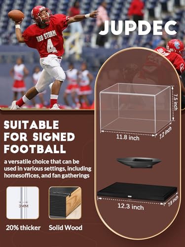 Image of JupDec Football Display Case Full Size, Upgraded Clear Acrylic Box with Curved Cradle Holder & Solid Wood Base, Fits All Football Sizes, UV Protected Memorabilia Display for Collectors, Black