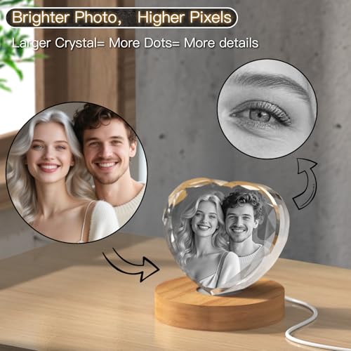 BCSTYPE 3D Crystal Photo, Valentines Day Personalized Gifts for Her, Women, Mom, Girlfriend, Custom Laser Engraved Glass Picture, Customized Anniversary Memorial Couple Gifts, Heart S