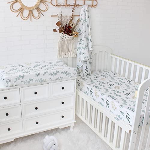 Lifetree Crib Sheets For Baby Boys Girls - Muslin Fitted Crib Sheets Neutral Toddler Bed Sheet Fits Standard Crib And Toddler Mattresses, Soft Bamboo Cotton Blend, Eucalyptus Pattern, 28" X 52" X 9" #TOP4