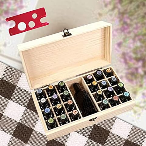 Cokritsm 25 Slot Wooden Essential Oil Storage Box Organiser Holds 5ml 10ml 15ml Bottles and Roller Balls for Carrying and Home Storage Display, Fragrance Oil Storage Box, Wooden Box to Hold Oils Cover