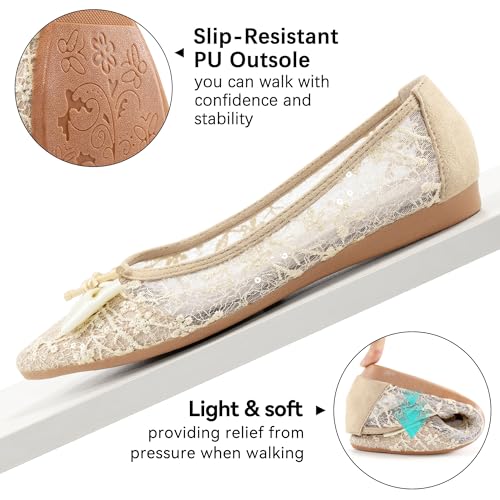 Flats for Women Dress Shoes: Comfortable Pointed Toe Bowknot Lace Womens Ballet Flats Dressy - Fashion Floral Slip On Casual Shoes for Wedding Party Dating 6