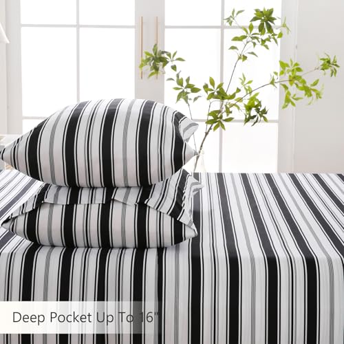 Image of MCO 4Pieces Striped Sheets Set, Breathable King Sheet Set with 16 inch Deep Pocket,Modern & Luxury, Brushed Microfiber Bedding Set(King, Black)