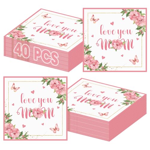 40 Pcs Happy Mothers Day Napkins - 6.5 Inch Flower Mother Days Paper Napkins 3-Ply Disposable Love You Mom Cocktail Napkin Hand Towel Set for Mothers Day Party Supplies Table Decorations Favors