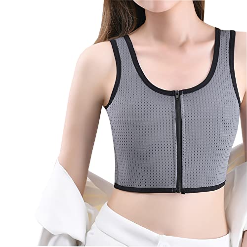 MeiLiZuRL Sujetador moldeador de pecho para mujer, tipo marimacho, elástico, plano, con cremallera, para mujer, Gris, Large