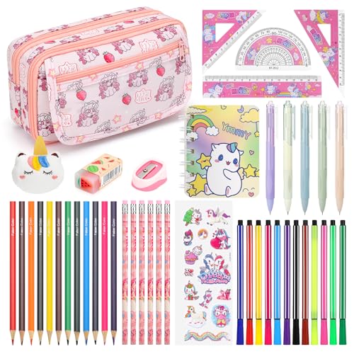 Osmikalo 45 Pièces Ensemble Papeterie Licorne Fille, Fourniture Scolaire Kawaii avec Trousse Licorne, Stylos, Feutres Coloriage & Crayons de Couleur, Cadeaux...