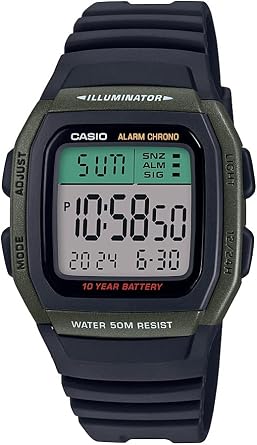 Casio Mens Classic Quartz Resin Strap Black 21.5 Casual Watch Model W-96H-3AVCF, black/green, Digital