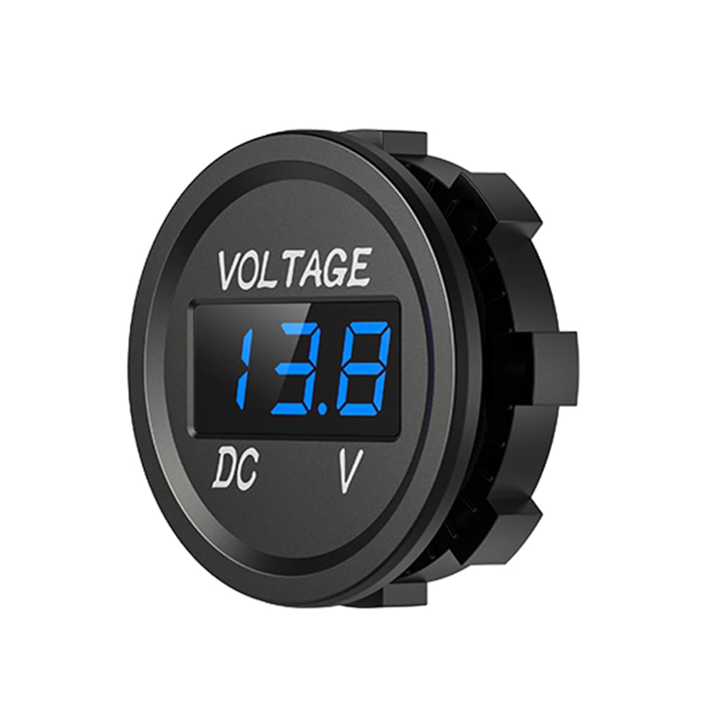 YIXISI DC 12V 24V Wodoodporny Woltomierz Samochodowy z Cyfrowym Wyświetlaczem LED i Płytą Montażową, Okrągły Miernik Testera Napięcia z Zaciskami do Łodzi Motocykl Ciężarówka ATV, Niebieskie Światło