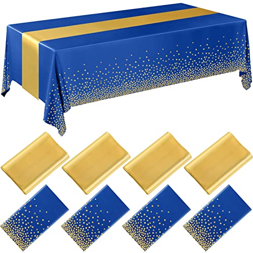 Image of Breling 8 Pack Navy Blue and Gold Disposable Plastic Tablecloths and Satin Table Runner Set, 54 x 108 Inch Tablecloth, 12 x 108 Inch Table Runners for Wedding Graduation Birthday Baby Shower New Year