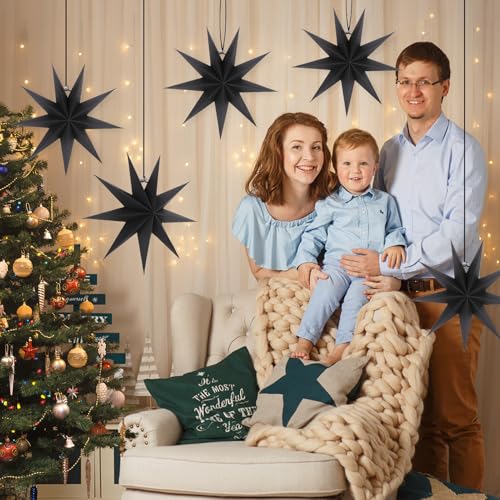 Image of 12 Inches 5 PCS Black Paper Star Lanterns Hanging Stars Christmas Party Decorations Hanging Lampshade Christmas Wedding Birthday Christmas Home Party Decorations(9 Pointed)