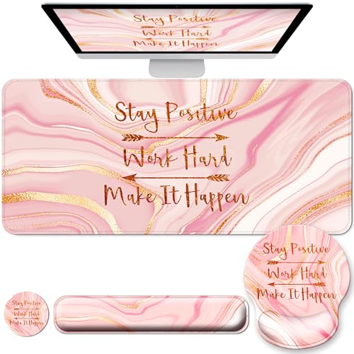 Large Mouse Pad and Keyboard Wrist Rest + Desk Mat Set,Full Long Mouse Pads for Desk Accessories with Memory Foam Gel Pink Mousepad for Women Computer Desktop Office Work-Rose Gold & Pink