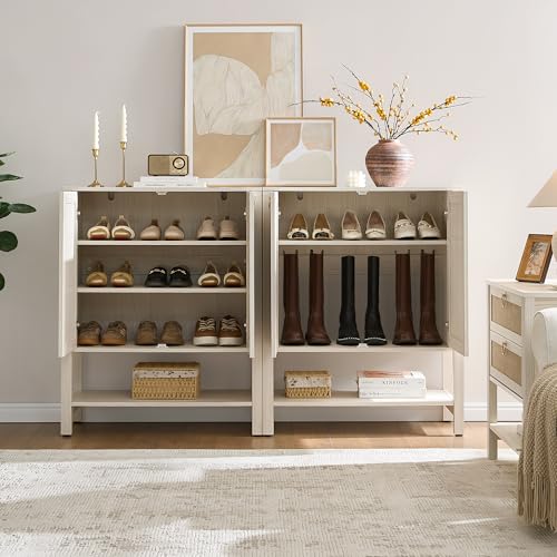 Image of SICOTAS Rattan Shoe Cabinet with Storage - 5 Tier Farmhouse Boho Shoe Organizer Storage Cabinet with Shelves & Doors, Tall Shoe Rack Cabinet for Entryway, Living Room, Closet (White Cream Oak)