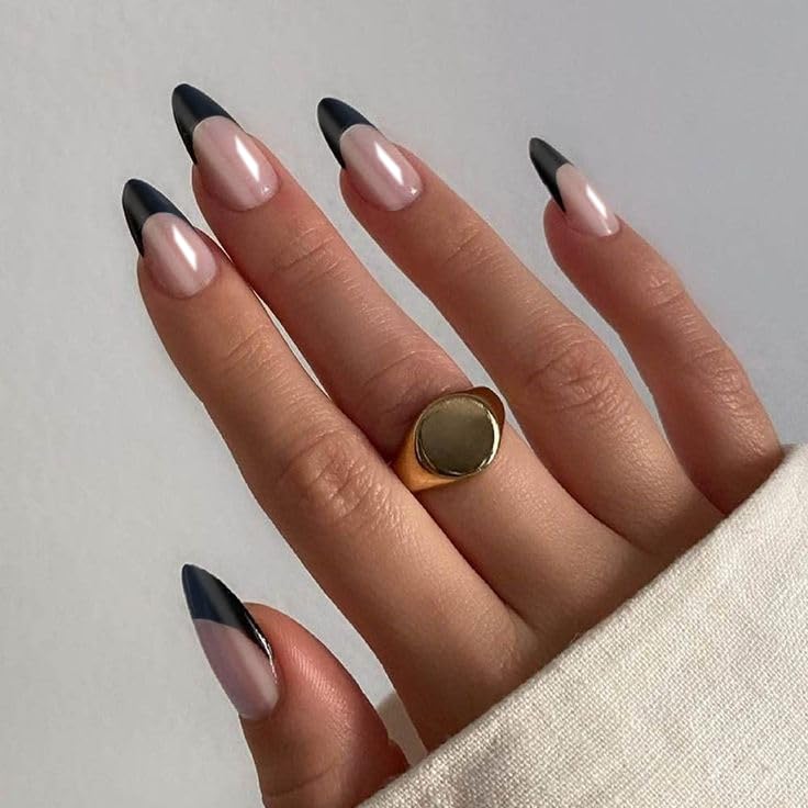 24PCS Press On Nails, Mirror Metal Stiletto Fake Nails, Almond Medium Shape, Stick on Nails, False Glue on Nails (Aurora Black Tip)