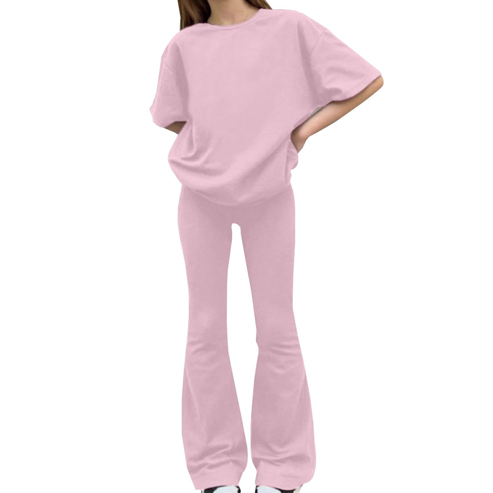Jogginganzug Mädchen Kurzarm T-Shirt und Bootcut Jogginghose Girls Teilig Einfarbig Casual Sportanzug Baumwolle Trainingsanzug Teenager Tracksuit Activewear Outfit