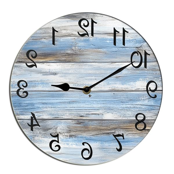 Horienteeon Backwards Reverse Wall Clock Unusual Numbers Counter Clockwise Silent Non Ticking Wooden Clocks Decorative Battery Operated For Bedroom Kitchen Living Room Bathroom Round 10"