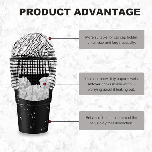 Image of DXNQ Bling Car Trash Can with Lid, Sparkling Crystal Cup Holder Mini Auto Garbage Bin, Leakproof Bling Rhinestone Cup Holder Garbage Can Container for Vehicle Home Office (White)