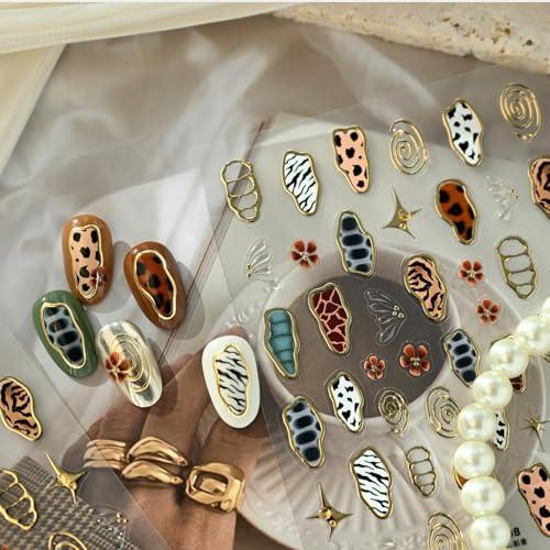 Image of Leopard Print Nail Stickers Retro Nail Art Stickers with Gold Line Design Nail Decal 5D Embossed Self Adhesive Nails Charms Supply for Women Girl DIY Manicure Decoration Accessories