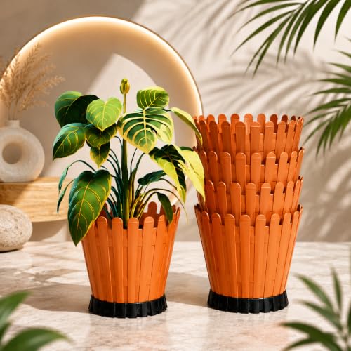 Image of TechHark Decorative Round Planter Pot with Picket Design, Terraccota with Black Base, 15 cm, Pack of 5
