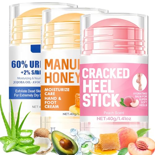Urea Heel Balm Stick for Feet and Hands,3Pcs Moisturizing Heel Balm for Dry Cracked Feet, Hydrating Stick for Foot & Hands, For Women & Men, Travel Size(Peach, Urea and Honey)