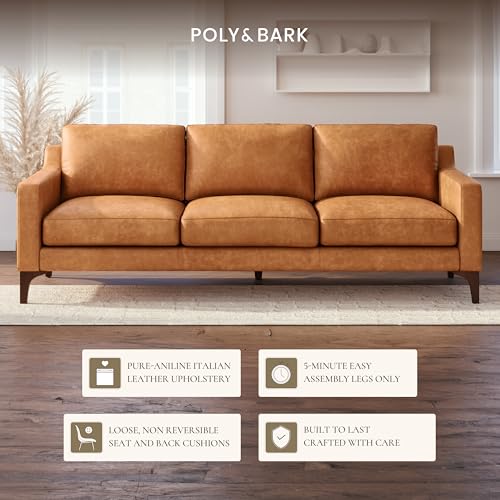 Image of POLY & BARK Sorrento 86 inch Sofa - Cognac Tan Full-Grain Pure-Aniline Italian Leather, Feather-Down Cushions, Solid Wood Frame & Walnut Legs