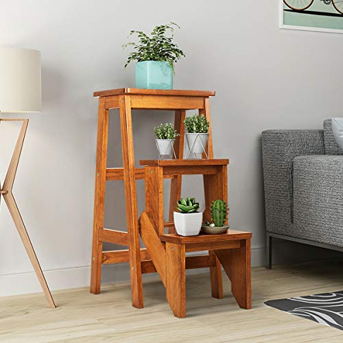 Costzon Folding Step Stool 3 Tier Wood Ladder, 3-in-1 Design with Ladder, Stool and Storage Shelf, Multifunction Pine Wood Foldable Ladder for Home, Library, 353lbs Capacity (Nut-Brown)
